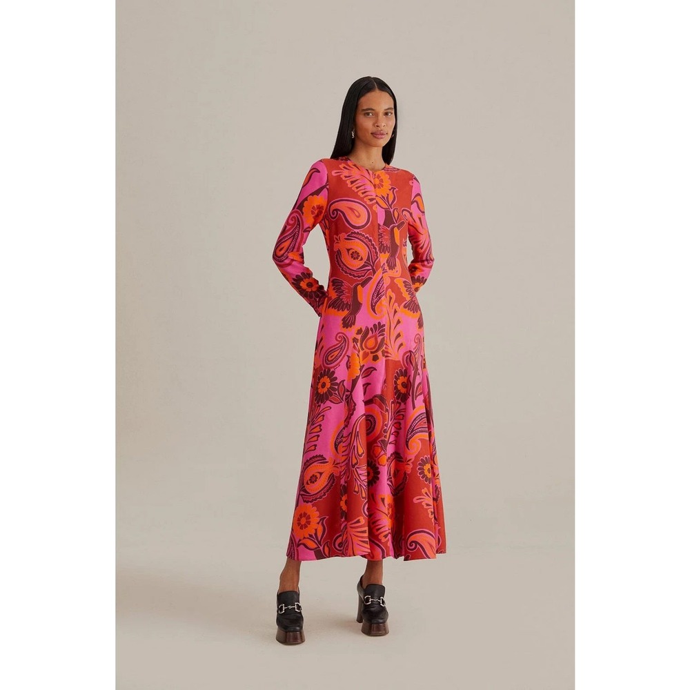 Farm Rio Maxi Dress Womens Small Pink Paisley Floral Long Sleeve Zipper Cuffs
